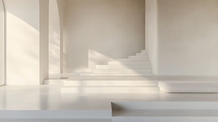 Naklejka premium Minimalist interior design featuring curved stairs and soft lighting.