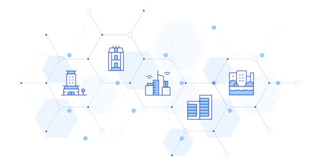 Urban Banner Vector Illustration with Icon Style in Between. Line Duotone icon. Containing. office, buildings, smart city, building, canal