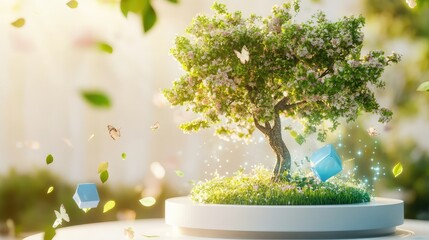Obraz premium Lush tree crowns a digital Earth, with drifting leaves and blue cubes adding contrast on a white stage