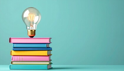 light bulb and books on teal background