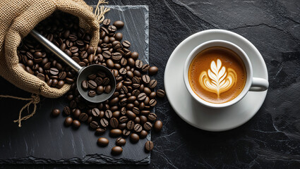 Coffee cup with latte art and roasted beans spilling from burlap sack on black slate background