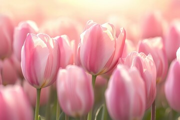 Obraz premium Soft pink tulips in a field at sunset.