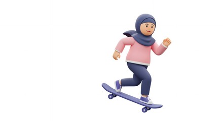 Energetic Animated Hijab Cartoon Character Performing Skateboard Tricks – Stylish and Active Hijab Fashion for Youthful Girls