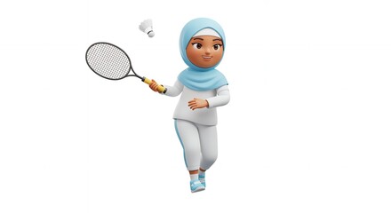 Fototapeta premium Energetic Hijab Cartoon Girl Playing Tennis in Light Blue Outfit – Inspiring Active Muslim Kids in Sports