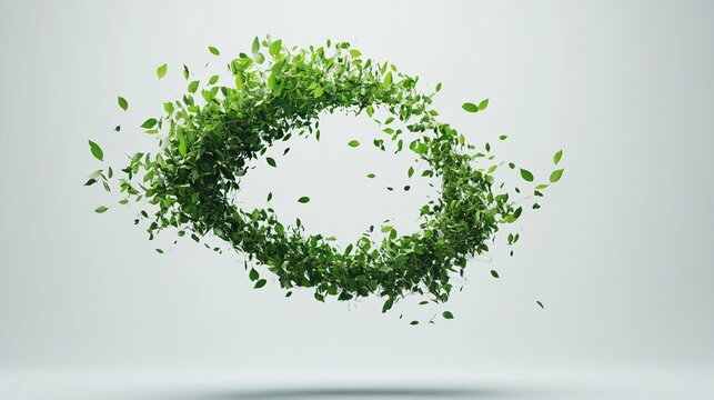 A vibrant green leaf ring, seemingly in motion, against a muted grey backdrop.  Leaves are dispersed, creating a dynamic, circular form with a clear center. 