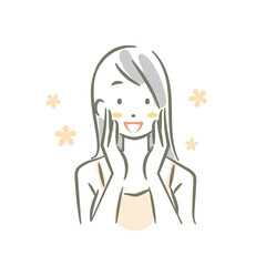 若い女性のスキンケア　手描き水彩風のお洒落な線画イラスト
