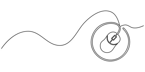 Mouse computer one continuous single line art drawing. Minimal art style. Computer mouse equipment continuous line art illustration, Computer mouse continuous one line drawing, Drawn continuous one.