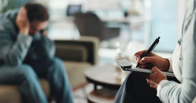 Clipboard, writing and therapist with patient on sofa in office for mental health questions. Medical report, psychiatry and clinical counsellor with person for information for depression diagnosis.