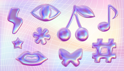 Iridescent shining emoji vector 3d set. Holographic cherry, star, hashtag,butterfly, flower design elements. Eye and lips with music note. Pink chrome metallic shapes