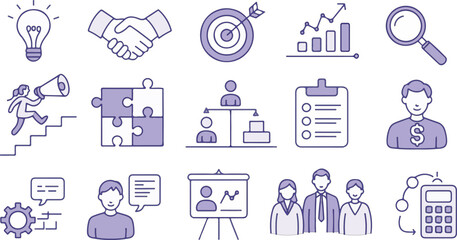 Doodle business icon set. Doodle business strategy, finance, office people teamwork concept. Target, puzzle, chart element. Hand drawn sketch style vector illustration