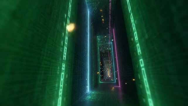 A surreal digital tunnel filled with floating alphanumeric data and glowing binary patterns in a layered grid-like environment. Data consciousness, immersive AI systems, 
