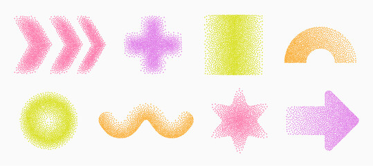 Geometric noise icon set. Vector dotted gradient textured elements. Grain effect, figure collection. Arrow, cross, circle, star, flower, wave halftone elements.