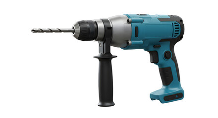 Blue and Black Cordless Drill with Metal Bit on Transparent Background