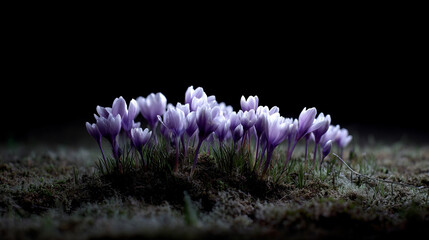 Lilac crocuses emerge from dew-kissed moss, whispering secrets of Imbolc renewal and Persian Nowruz, under moonlit serenity