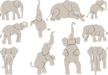 Hand-drawn elephant illustrations showcasing various poses and interactions