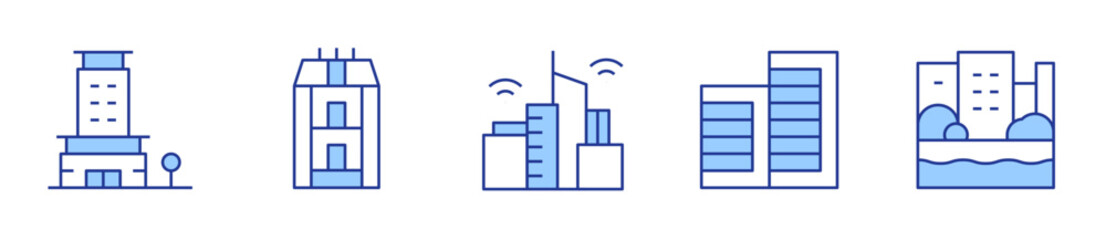 office, building, buildings, canal, smart city. Urban Icon vector illustration. Line Duotone style. Editable stroke