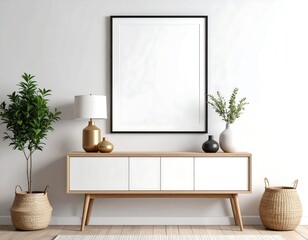Minimalist interior design featuring a console table, plants, and a large framed print