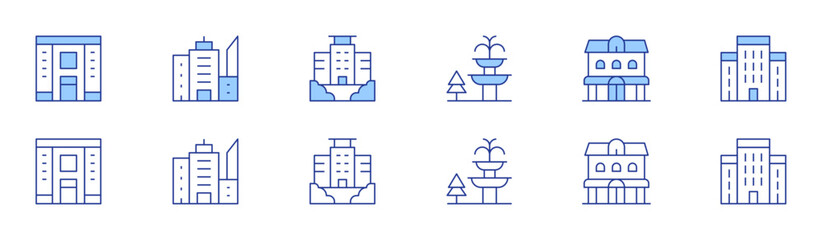 Urban icon set in two styles, Duotone and Thin Line style. Editable stroke. property, fountain, city, duplex, town, architectonic
