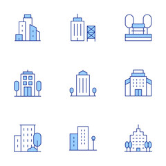 Urban icons set. Line Duotone style, editable stroke. buildings, construction, park, building, skyscraper, office