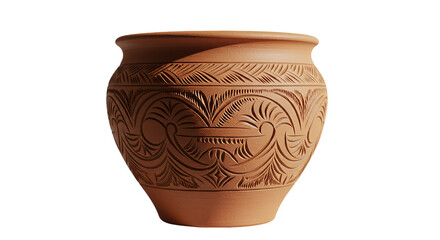 An intricately carved clay pot echoing ancient traditions and artistry against a black on transparent background