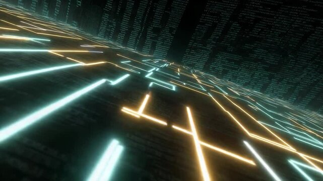 Tilted view of a digital labyrinth with glowing interface lines and floating code patterns. UX design, human-computer interaction, AI interface systems, responsive digital architecture