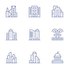 Fototapeta premium Urban icons set. Thin Line style, editable stroke. company, fountain, building, buildings, politics, city, cityscape