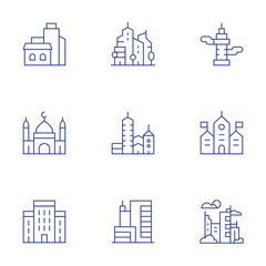 Urban icons set. Thin Line style, editable stroke. skyscrapper, town hall, city, mosque, architectonic, urbanity, building