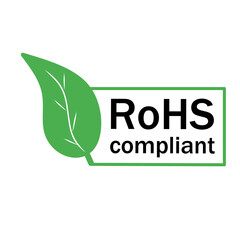 RoHS compliant sign icon, with green leaf on the left isolated on white background. vector illustration