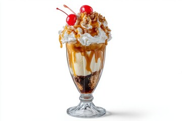 Delicious ice cream sundae topped with whipped cream, caramel, nuts, and cherries, perfect for a sweet treat on a sunny day.
