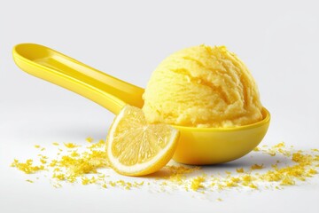 A refreshing scoop of lemon sorbet served in a yellow scoop, garnished with a slice of lemon, perfect for summer treats.