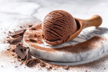 Delicious chocolate ice cream scoop on a marble surface, surrounded by chocolate shavings for an indulgent dessert experience.