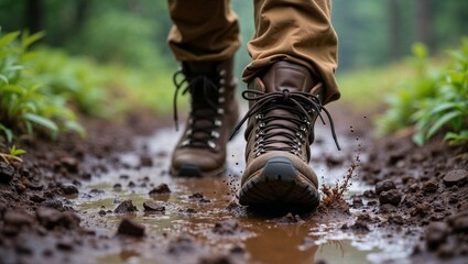 Dirty Hiking Boot Splashing Through Mud on Forest Trail with Blurred Greenery Background

