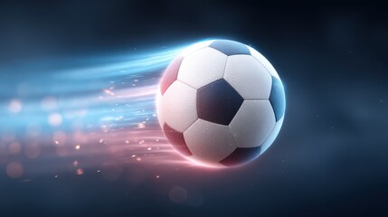 Fototapeta premium A football floating in the air with beautiful colorful lighting. A footballer kicking the ball forward. A football match.