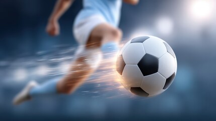 A football floating mid-air surrounded by glowing light, with a football player in the background kicking the ball. A professional football match. An image suitable for advertising