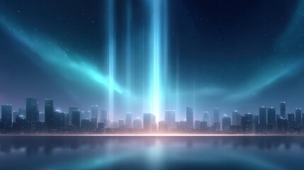 A technologically advanced city with continuously developing infrastructure. Beautiful lights radiating from the city in a stunning display.