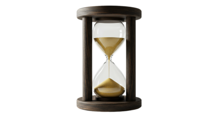 The relentless flow of time in a classic wooden hourglass each grain a memory slipping away on transparent background