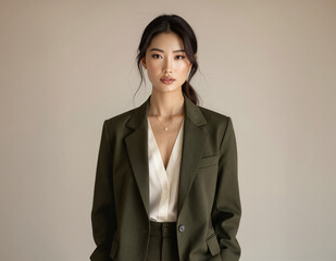 Confident East Asian woman in olive green suit, elegant professional portrait in studio setting for business, editorial, career branding and lifestyle campaigns
