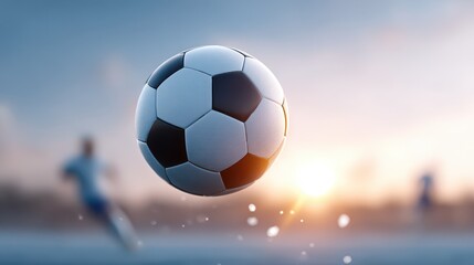 A football floating mid-air surrounded by glowing light, with a football player in the background kicking the ball. A professional football match. An image suitable for advertising