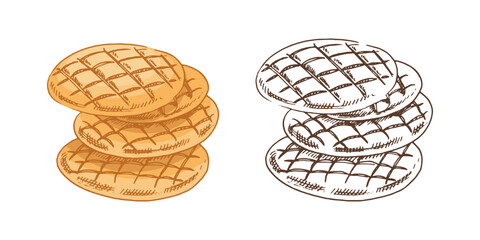 Hand drawn vintage sketch of stacked flatbreads with grid crust or homemade cookies in brown ink, color and monochrome version, vector illustration