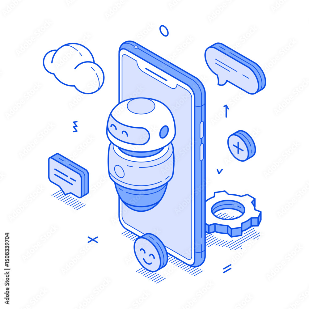 Poster virtual assistant chatbot robotic ai support smartphone application minimalist isometric vector illu