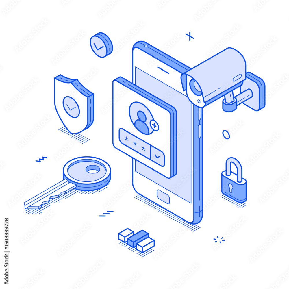 Poster smartphone user account security personal data information protect minimalist isometric vector illus