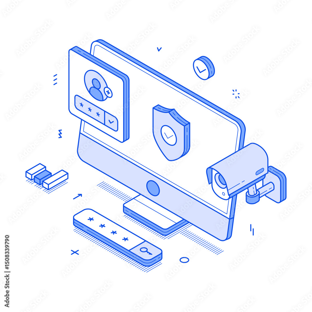 Poster account security internet safety protection computer software monitoring minimalist isometric vector