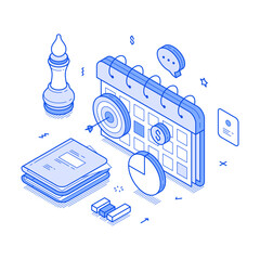 Time management business planning schedule agenda reminder minimalist isometric vector illustration. Productivity and efficiency work calendar deadline control work process organization