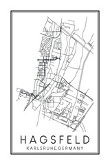Obraz premium Hand drawn printable downtown road map poster of borough HAGSFELD of the German city of KARLSRUHE on solid white background with city name