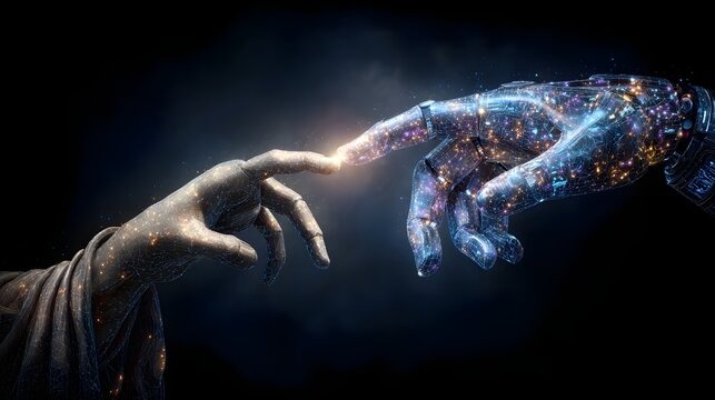 A futuristic image depicting the synergistic interaction between human and intelligence symbolizing technological progress digital interconnectivity and the potential for innovation