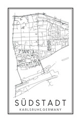 Hand drawn printable downtown road map poster of borough SÜDSTADT of the German city of KARLSRUHE on solid white background with city name