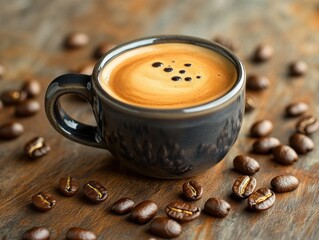 A comforting cup of rich espresso surrounded by roasted coffee beans on rustic wood with close up