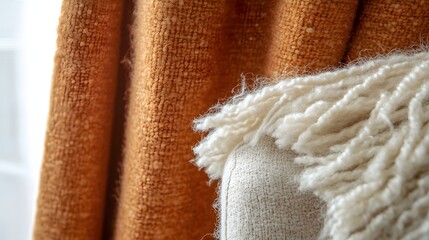 Close-up of textured orange curtains and a white fringed throw.