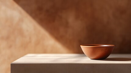 Wooden bowl on a light beige surface against a warm brown background.