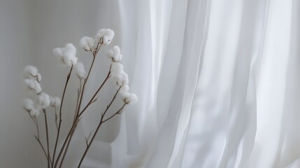 Delicate cotton plant blooms against sheer white fabric.